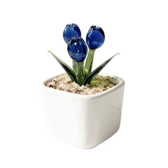 Faux Crystal Flower Figurine Mini Hand Blown Glass Potted Flower Ornament for Home Office Table Decor Gifts for Wedding Birthday Mother's