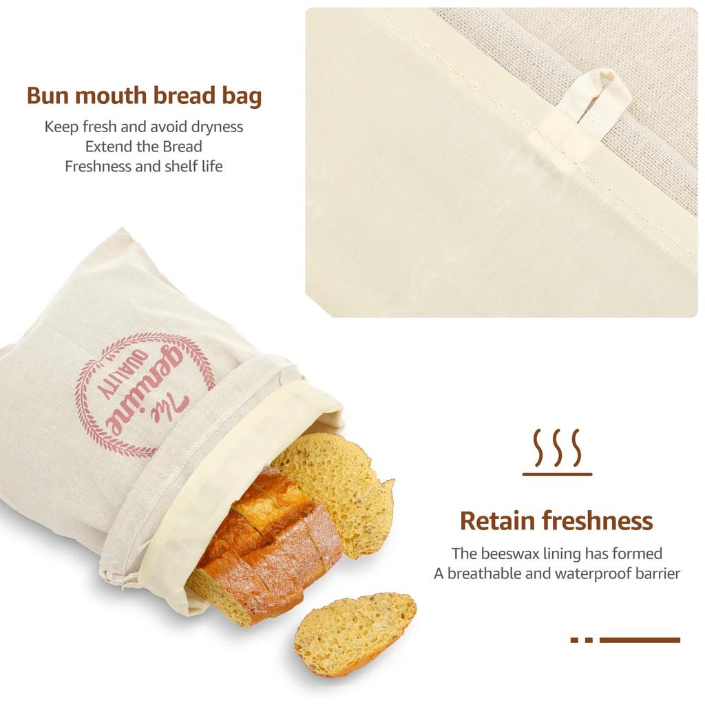 2 Pcs Bread Bag Reusable Cotton and Beeswax Sourdough Bag Multifunctional Portable Bread Sack for Home Picnic Traveling Daily