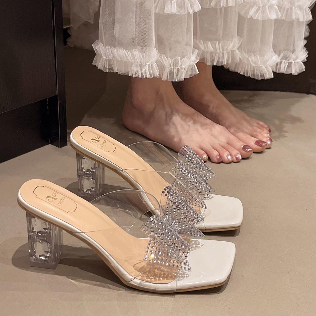 Women's thick-heeled slippers outer wear women's 2025 new summer high-end bow rhinestone gentle cool slippers sandals