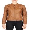 NOORA Womens Tan Brown Leather Motorcycle Biker Quilted Jacket With Zipper & Pocket | Snap On Collar |