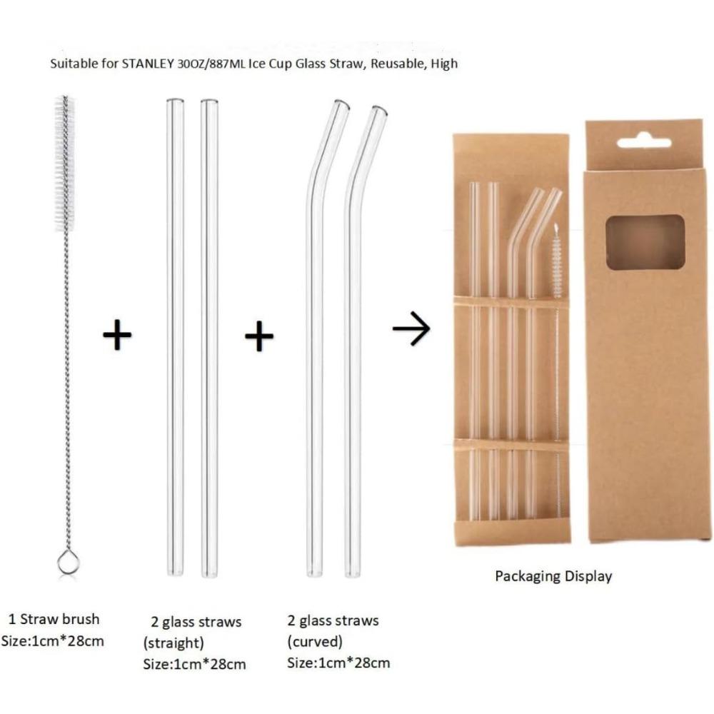 4 Pack Set of Straws for Milkshake, Smoothie, Pearl Milk Tea, Clear Glass Straws, Stanley Cup Accessories with Cleaning Brush