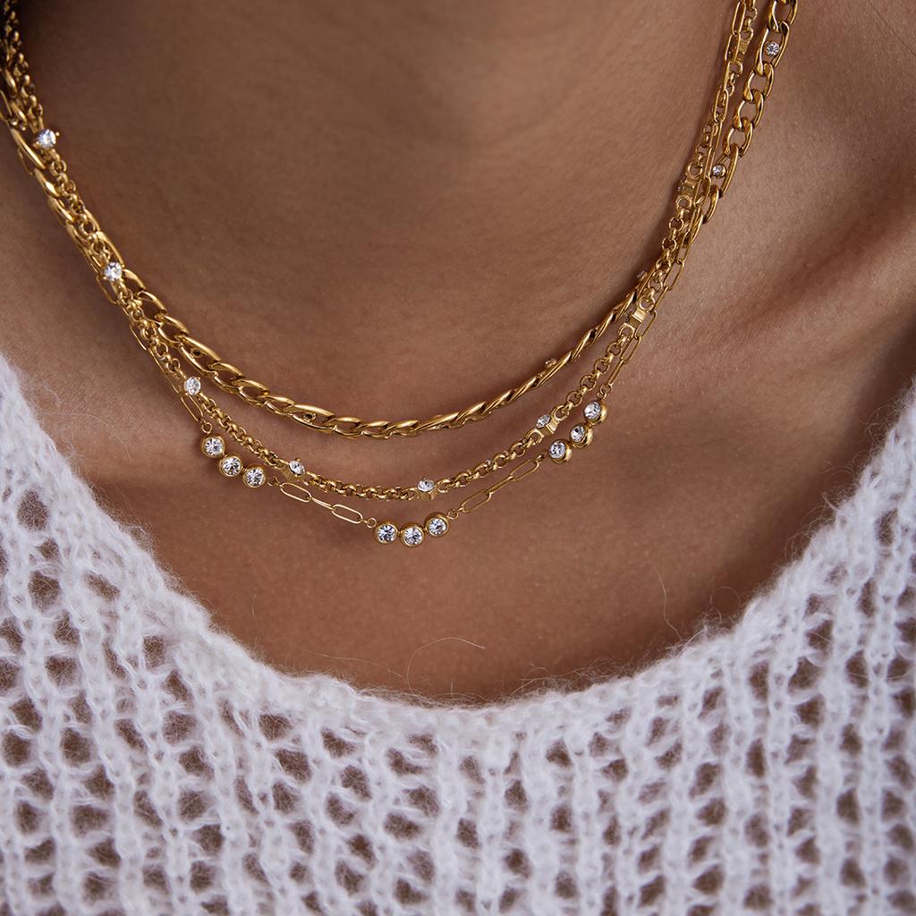 Uworld Classic Minimalist 18K Gold Color Plated Round White Zircon Paperclip Necklace Waterproof Stainless Steel Women Jewelry