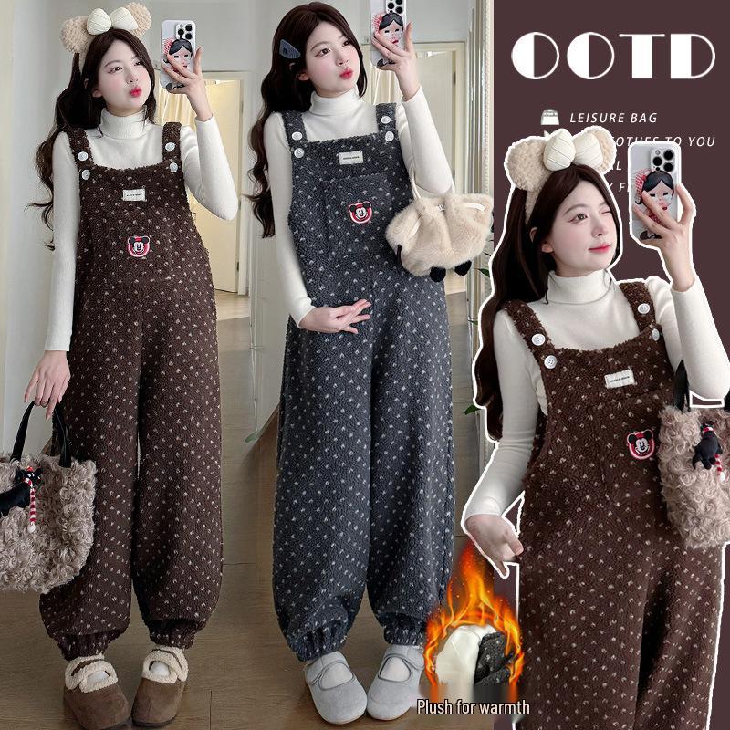 2025 Korean Knit Plush Cartoon Maternity Overalls with Plus Velvet Base Layer 2XL