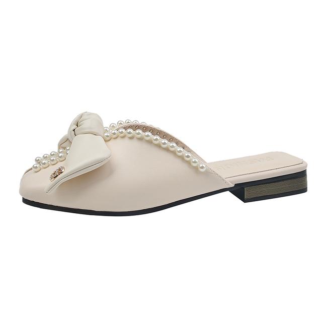 

Женская обувь на плоской подошве, тапочки с бисером, новые трендовые весенние сандалии с бантом, повседневные женские шлепанцы с открытой пяткой, шлепанцы с квадратным носком Femme 41 бежевый