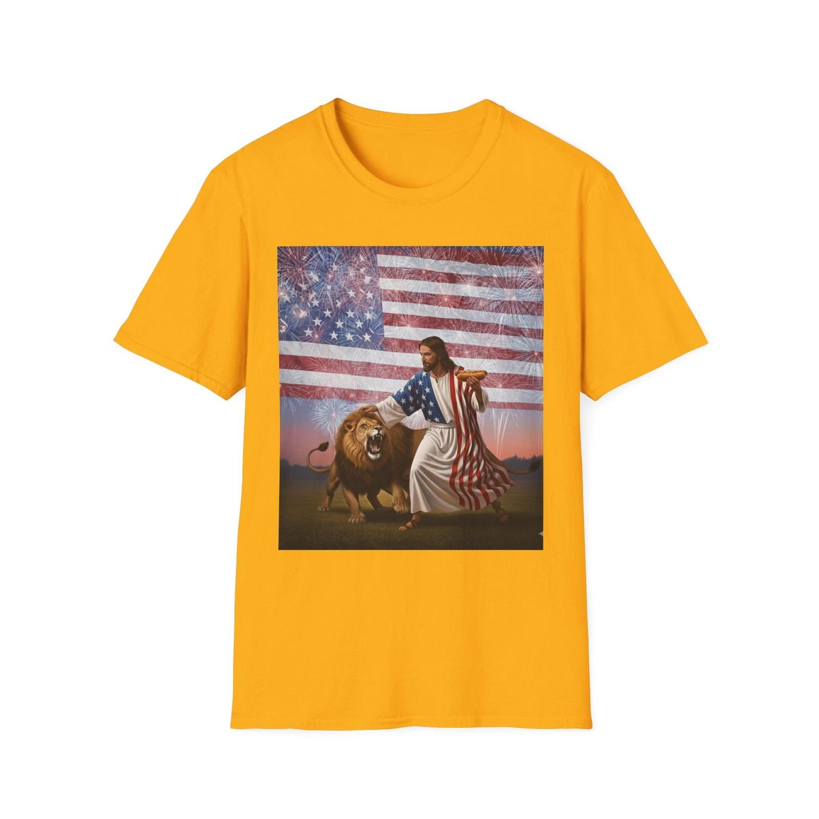 Patriotic Jesus Tames Lion With Hot Dog Funny T-Shirt - Great Gift 2XL