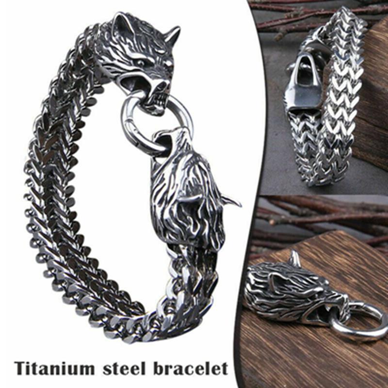 Nordic Viking Wolf Head Bracelet Stainless Steel Men s Animal Bracelet Punk Amulet Bracelet Biker Jewelry Wolf head steel bracelet