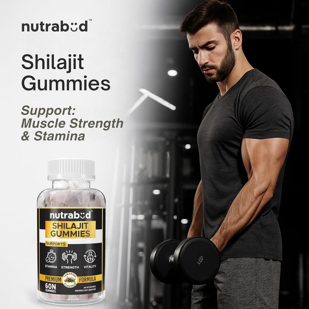 Nutrabud Pure Shilajit Gummies 100mg For Daily Energy And Stamina Support Tamarind Flavour Veg Supplement 60 Count Pack Of 1