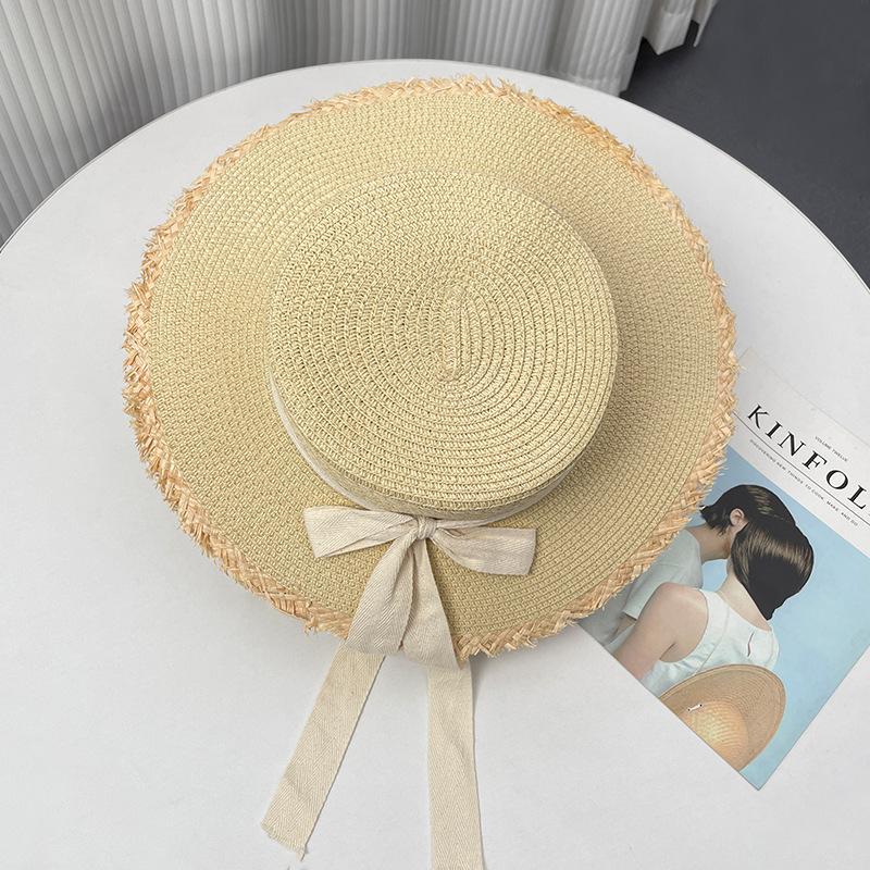 Summer Eaves Anti-UV Shade Flat Top Straw Bow Fringed Hat Female