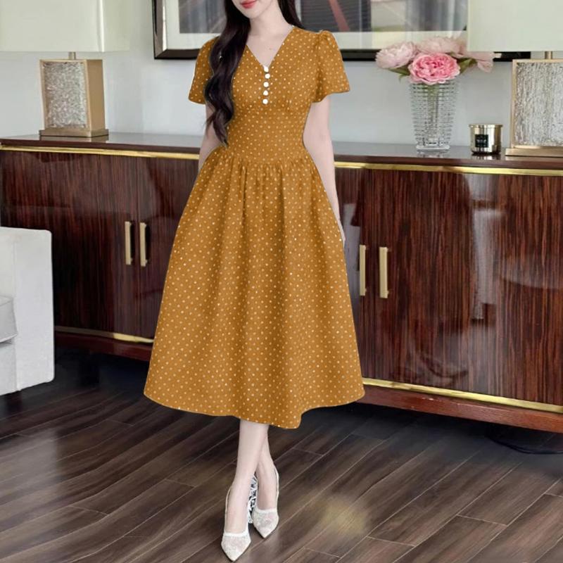 ZANZEA Women Casual V-Neck Polka Dot Print Short Sleeve Dress