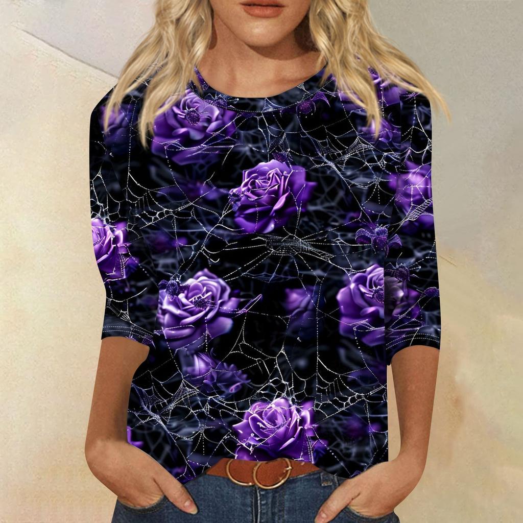 Dámské módní ležérní top s tříčtvrtečním rukávem a halloweenským potiskem, kulatý výstřih