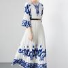 Summer Women Vintage Blue and White Porcelain Print Flower Loose Maxi Party Dresses with Belt