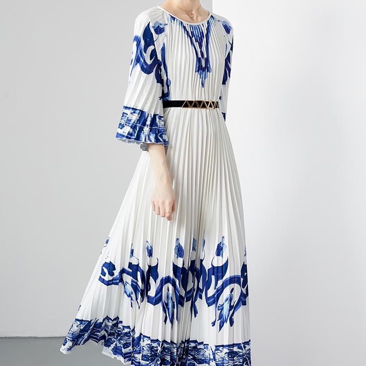 Summer Women Vintage Blue and White Porcelain Print Flower Loose Maxi Party Dresses with Belt