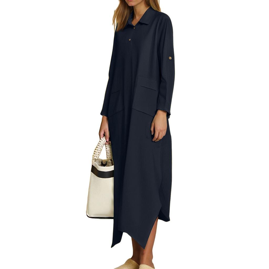Women's Casual Solid Color Cotton And Linen V-Neck Long Sleeve Button Midi Dress