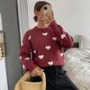 Women S Long Sleeve Knit Sweater Loose Fit Heart Pattern Crew Neck Pullover