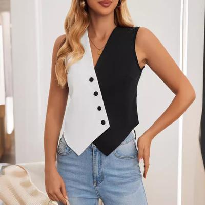 Women Button Waistcoat Sleeveless Black White Colorblock Suit Casual Vest Crossover V-neck for Short Top Daily Wear