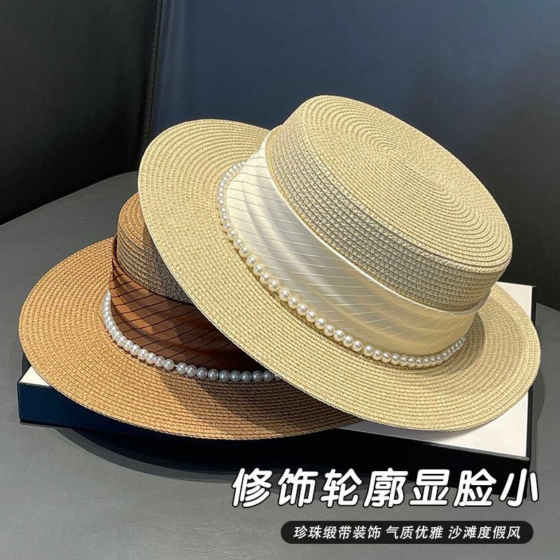 2024 Summer Elegant Pearl Chain Flat Sun Hats for Women Chapeau Feminino Straw Hat Panama Wide Brim Anti-UV Beach Cap Girl Topee