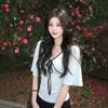 [Lyocell] Korean contrasting color strap horn medium-sleeved T-shirt women's summer new fashion slim-fitting top