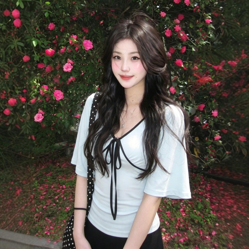 [Lyocell] Korean contrasting color strap horn medium-sleeved T-shirt women's summer new fashion slim-fitting top