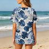 Damen Kurzarm Henley-Hemd mit Brusttasche Leichte Baumwoll-Leinen-Mischung Tropischer Print Lässiges Sommeroberteil