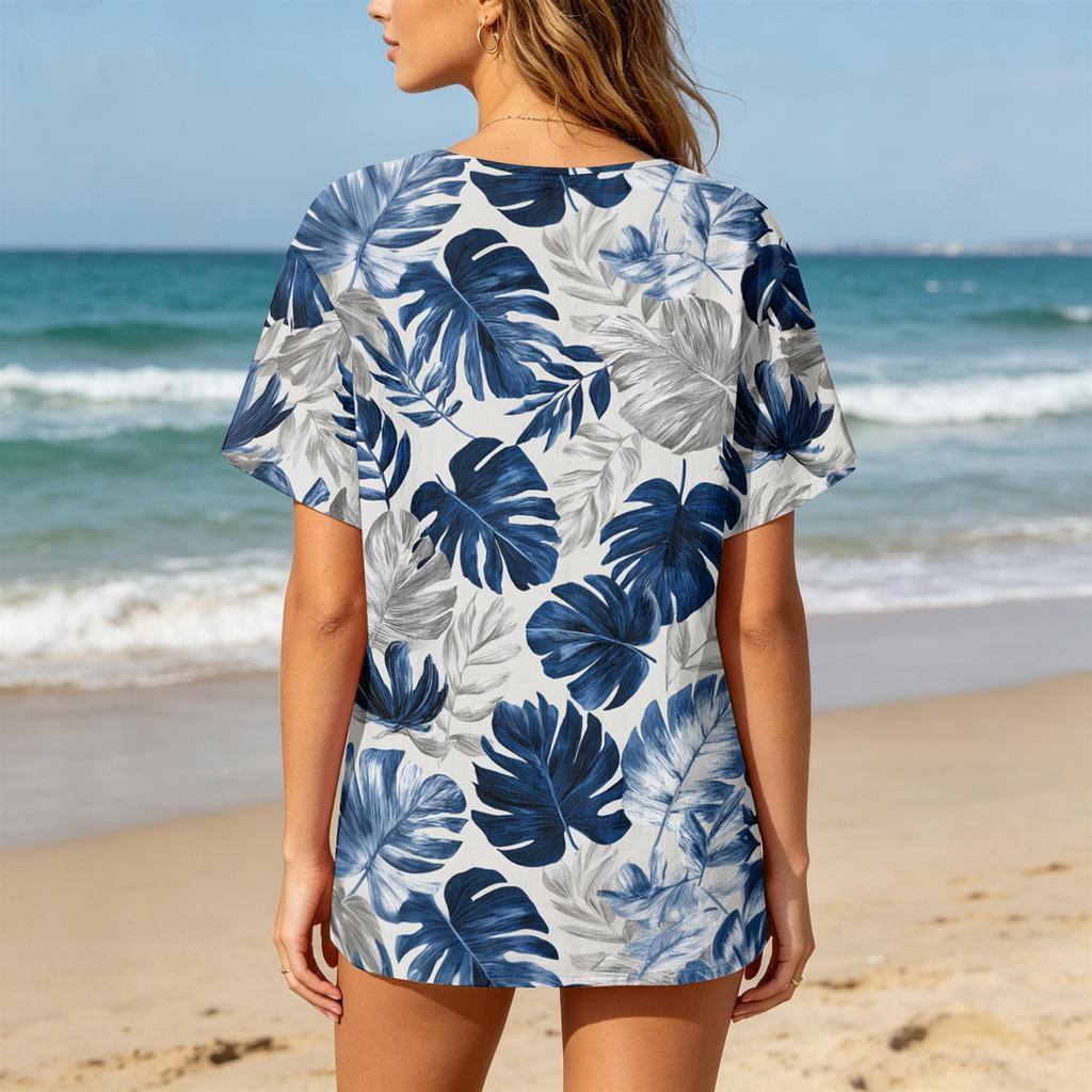 Damen Kurzarm Henley-Hemd mit Brusttasche Leichte Baumwoll-Leinen-Mischung Tropischer Print Lässiges Sommeroberteil