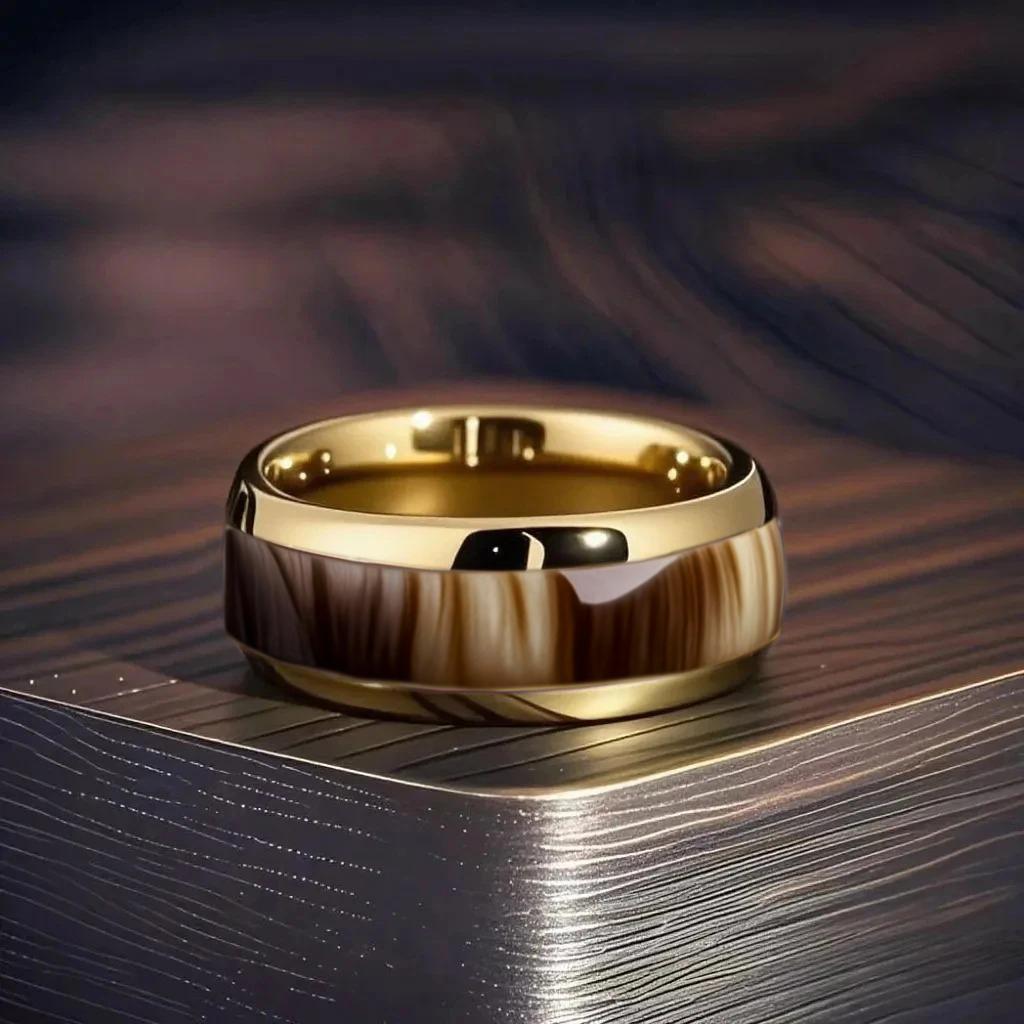 Trendy 8mm Gold Color Men Stainless Steel Ring With Brown Abalone Shell Inlay Rings for Men Women Wedding Jewelry Drop Shipping