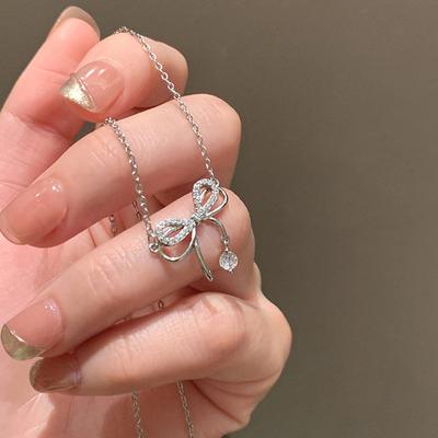 Zircon Bow Knot Pendant Necklace For Women Design Elegant Korean  Charms