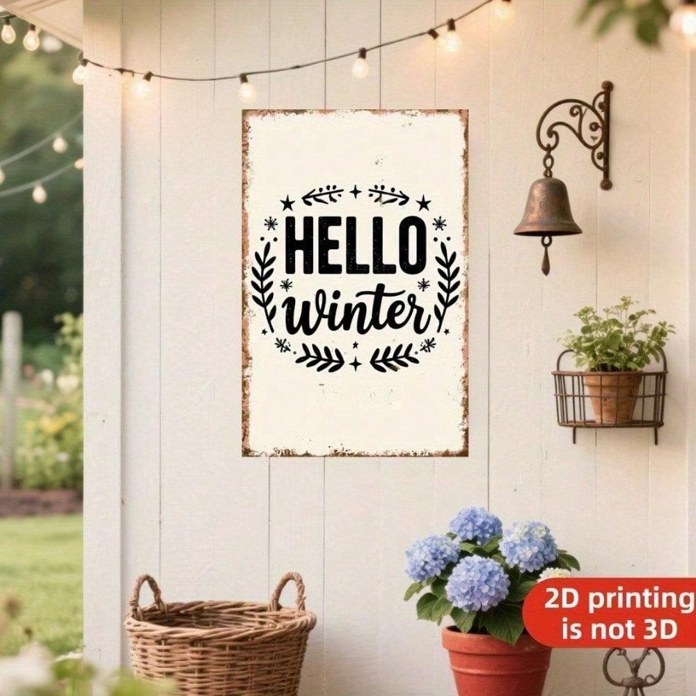 Rustic Hello Winter Metal Sign Farmhouse Porch Garden Wall Decor Christmas Fence Hanging