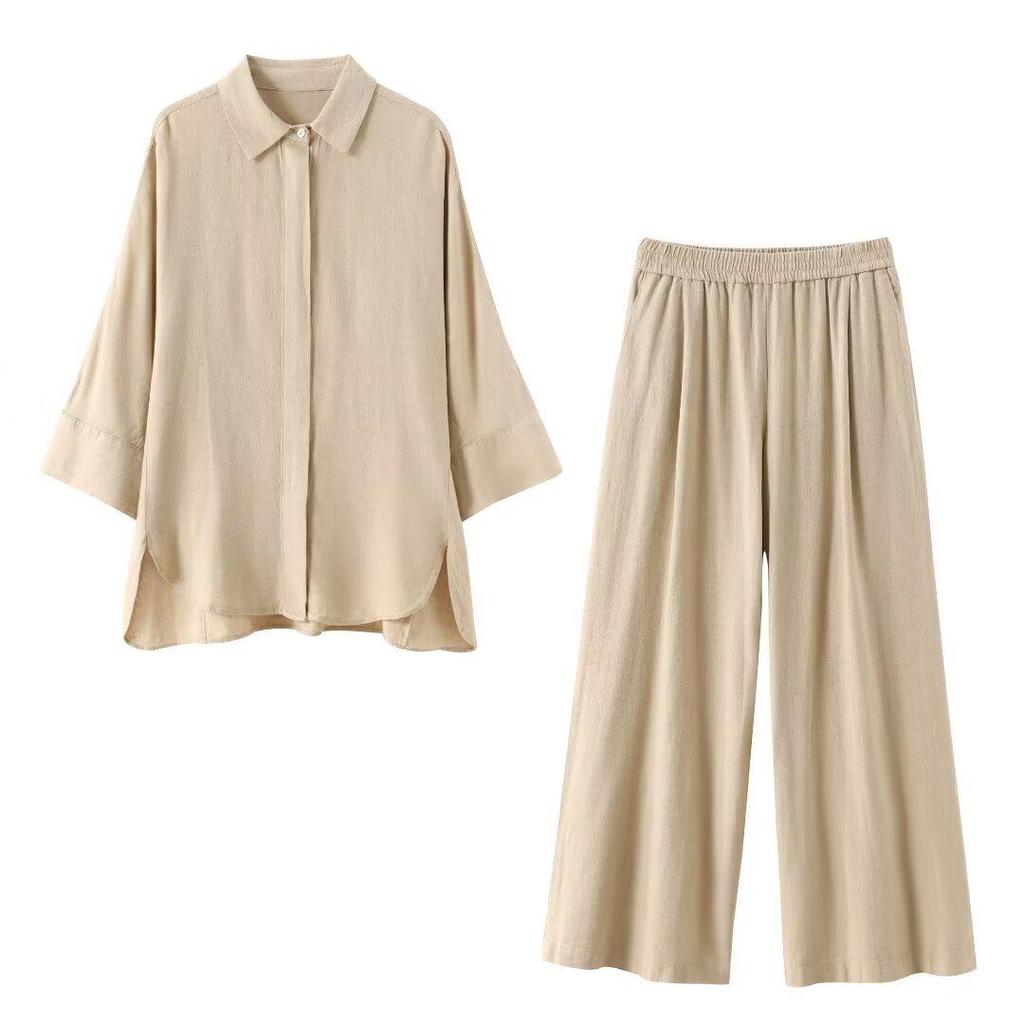 Spring Women's Casual Set: European & American Style Loose Shirt with Wide-Leg Pants