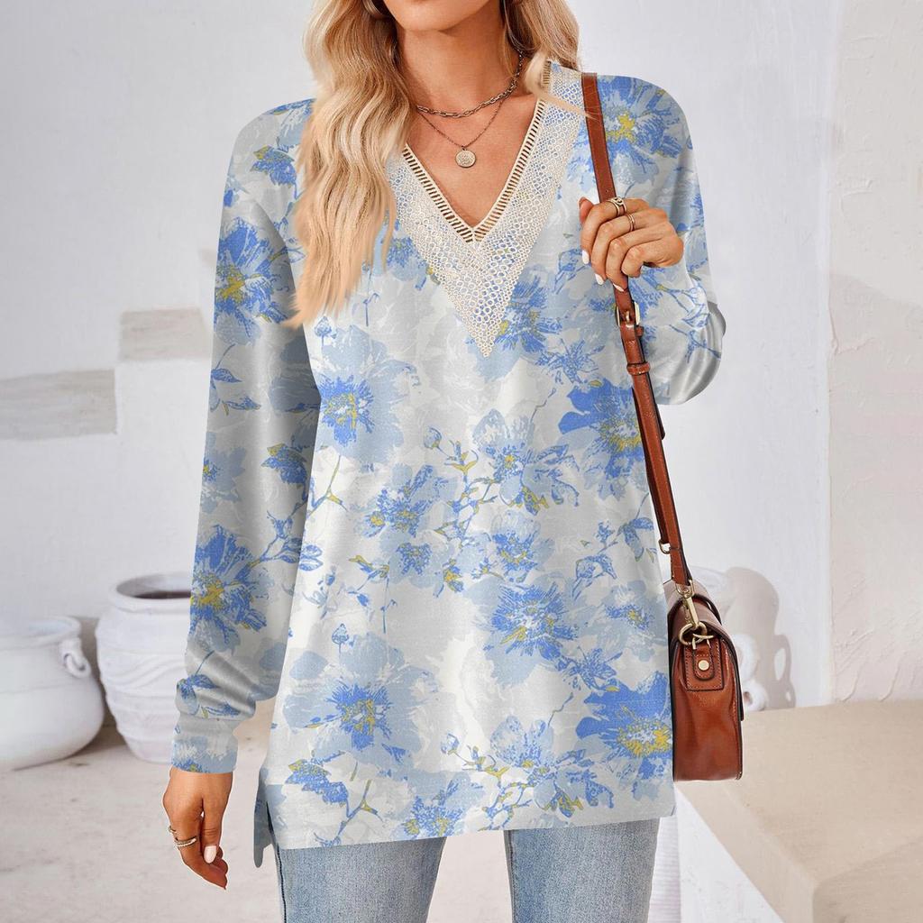 Damenoberteile Lockerer V-Ausschnitt Kontrastfarbe Schlitz Locker Langarm T-Shirt Damenoberteile