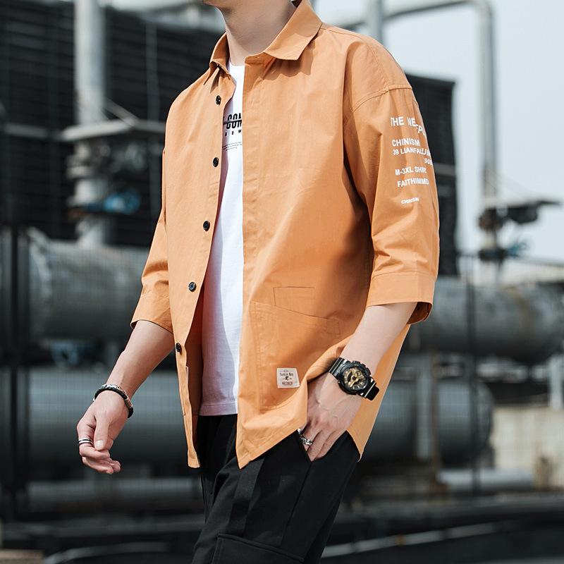 Men's Summer Lightweight 3/4 Sleeve Shirt Loose-Fit Casual Japanese-Style Workwear Shirt