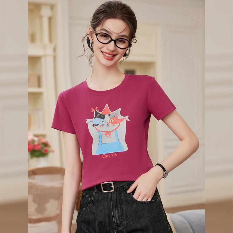 Bailuyu Cat Print Slim Fit Round Neck Short Sleeve T-Shirt L