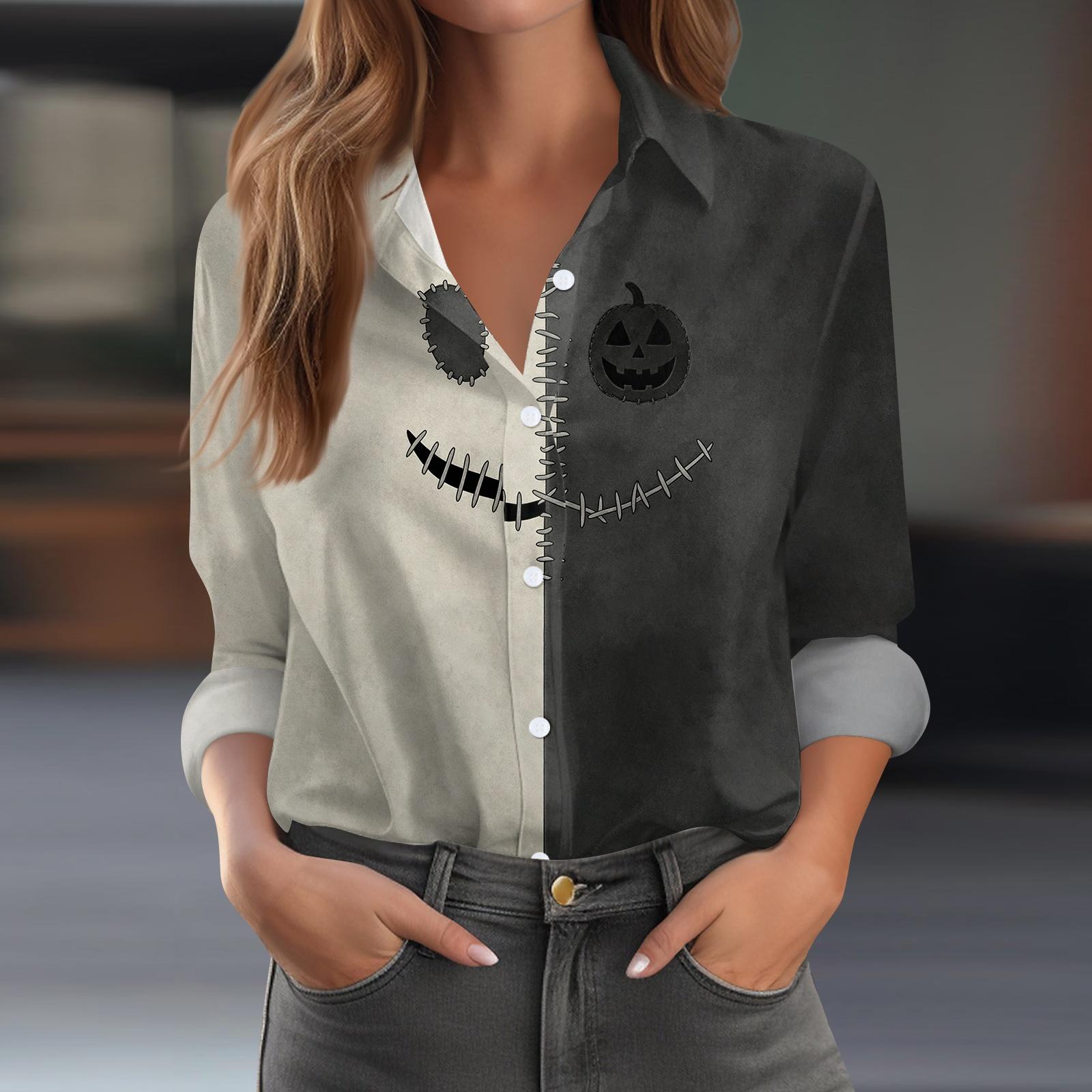 Women s Long Sleeve Button Down Shirt Casual Halloween Print Top Blouse L