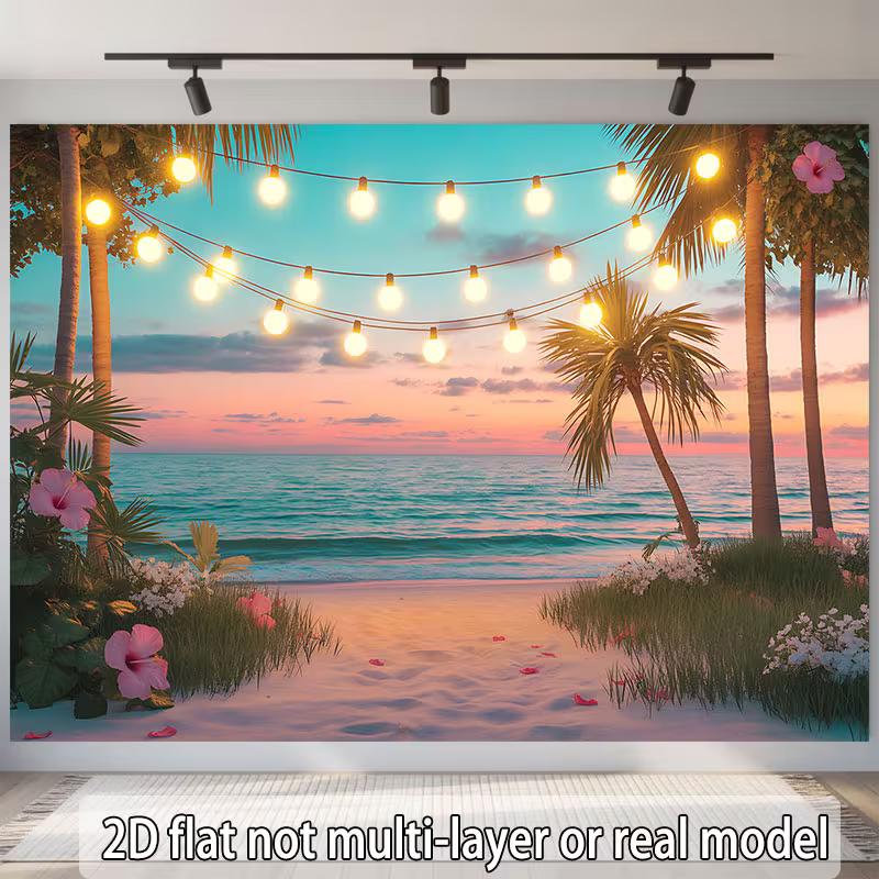 2D Summer Beach Party Banner, String Light Palm Tree Backdrop for Decor