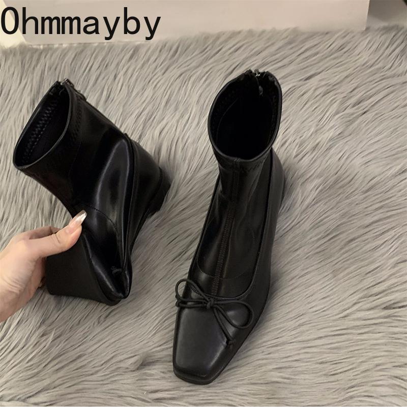 Square Toe Woman Thick Heel Ankle Boots Fashion Butterfly-knot Shoes Autumn Winter Femmes Mordern Short Botines De Mujer
