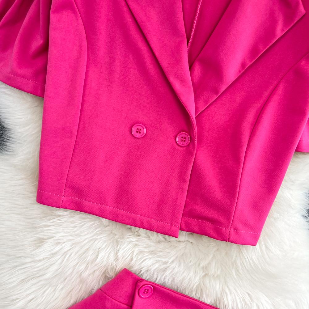 Ladies Suit Retro Lapel Loose Puff Sleeve Short Suit Jacket Two Piece High Waist Slit Skirt