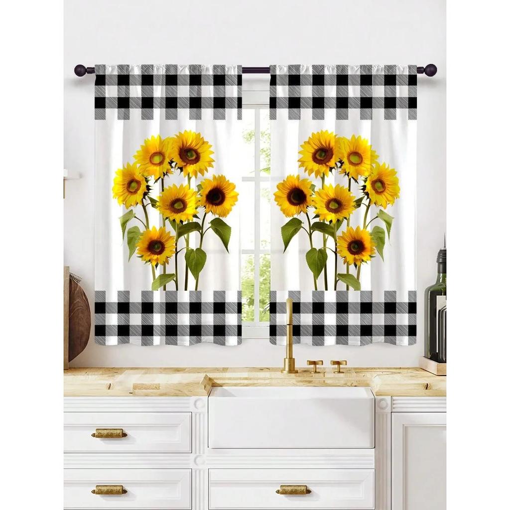 Farmhouse Panel Set Yellow Sunflower Kitchen Curtains Decor Gifts Short Cafe Rustic Country Small Window Made Of Polyester