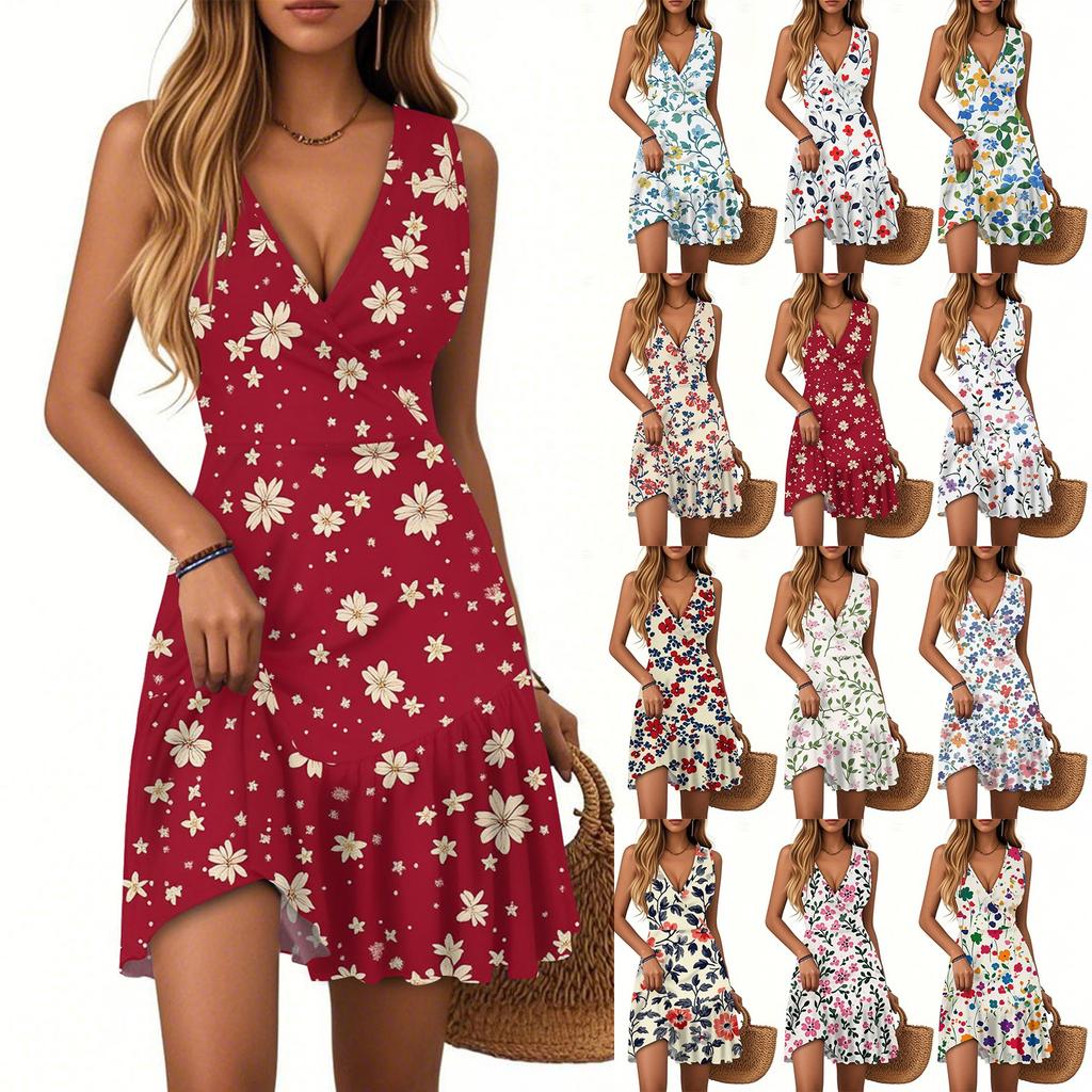 Women's Dress V-neck Sleeveless Casual Floral Print Hem Pleated Dress