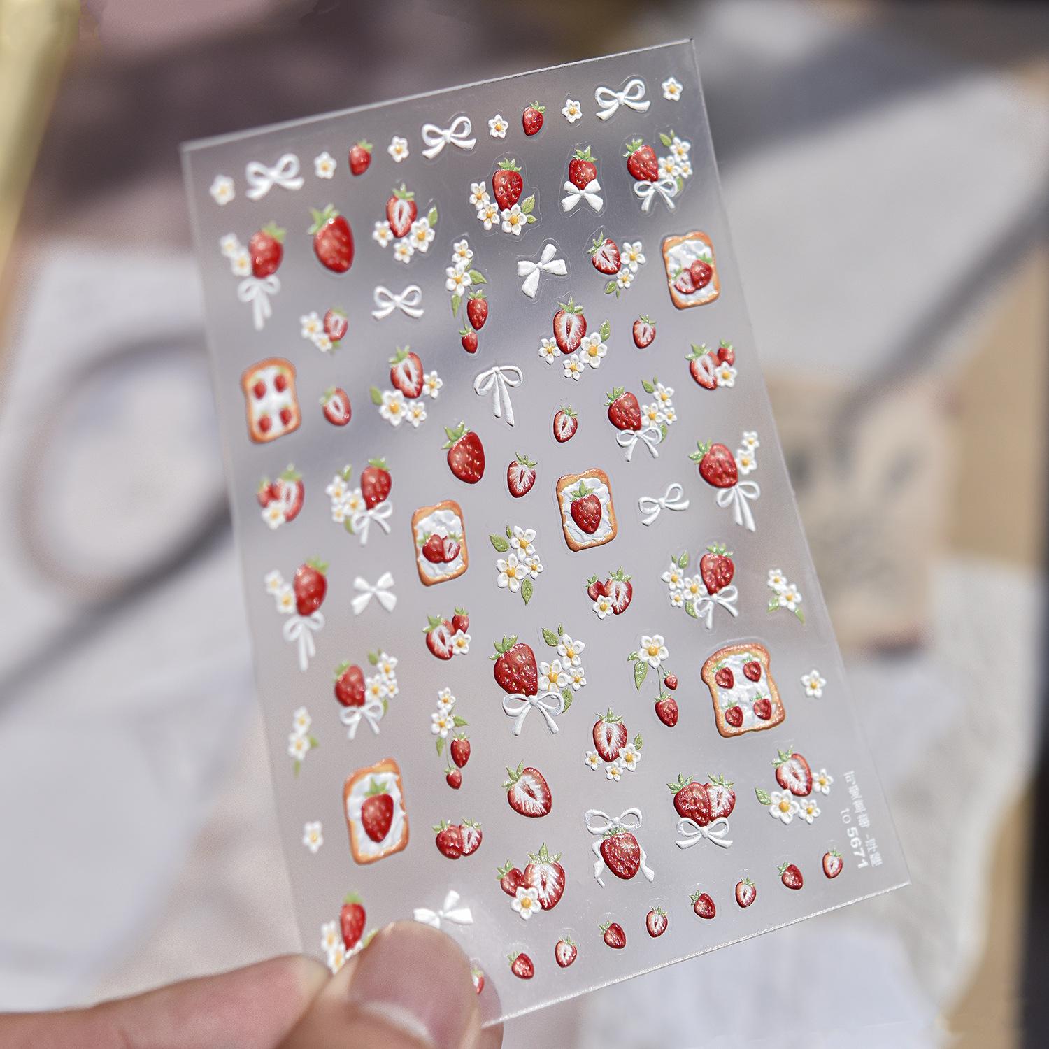 Tomoni Glitter Nail Stickers - Spring Strawberry Flower Nail Art Stickers