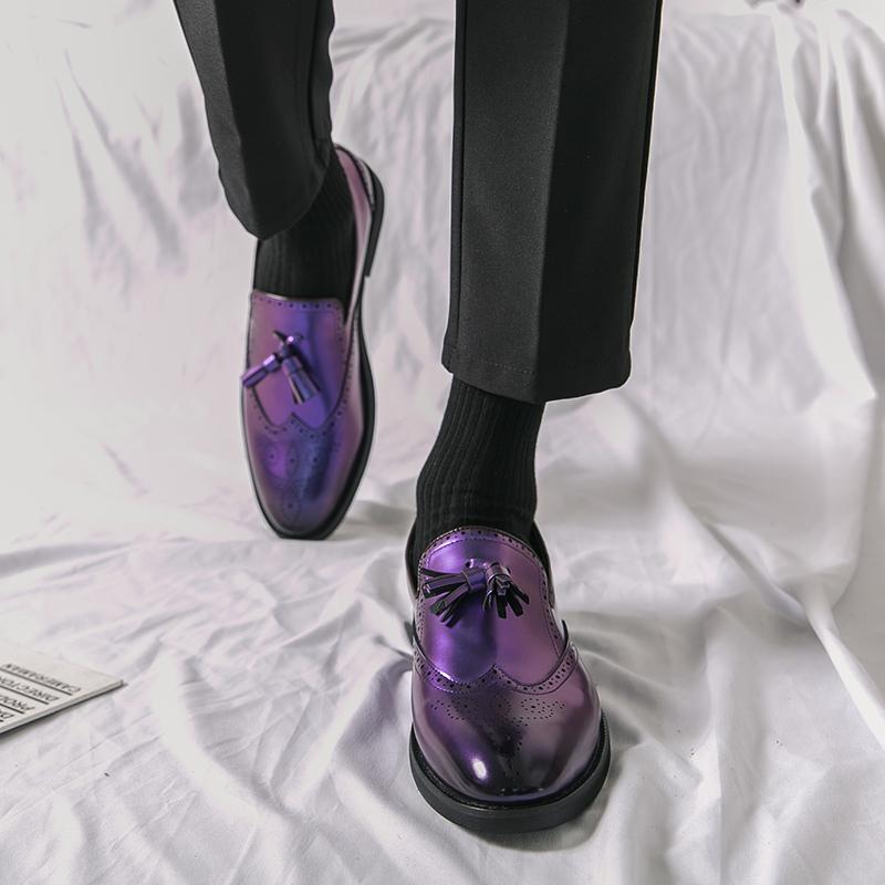 Purple Formal Dress Shoes Man Brogue Leather Shoes Big Size 38-48 Fashion Tassels Mens Leather Shoes Wedding Social Shoe Male
