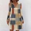 Women's Long-sleeved Casual Midi Dresses V-Neck Print  Casual Dress