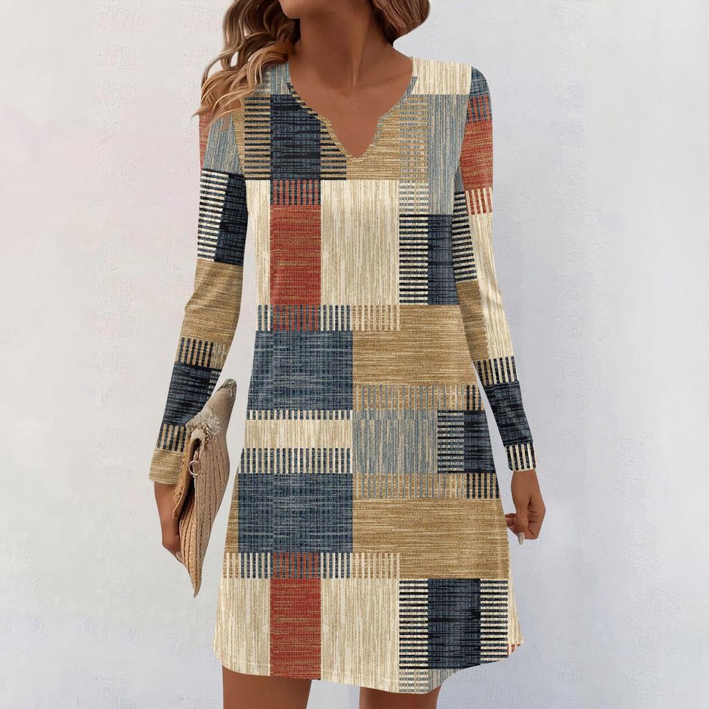 Women's Long-sleeved Casual Midi Dresses V-Neck Print  Casual Dress
