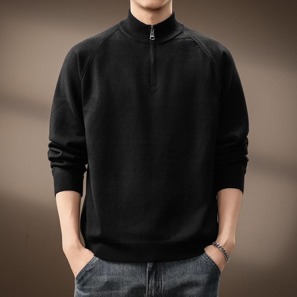 Men's High-End Half-Zip Stand Collar Knit Sweater - Autumn/Winter Korean Style Solid Color Casual Base Layer Top