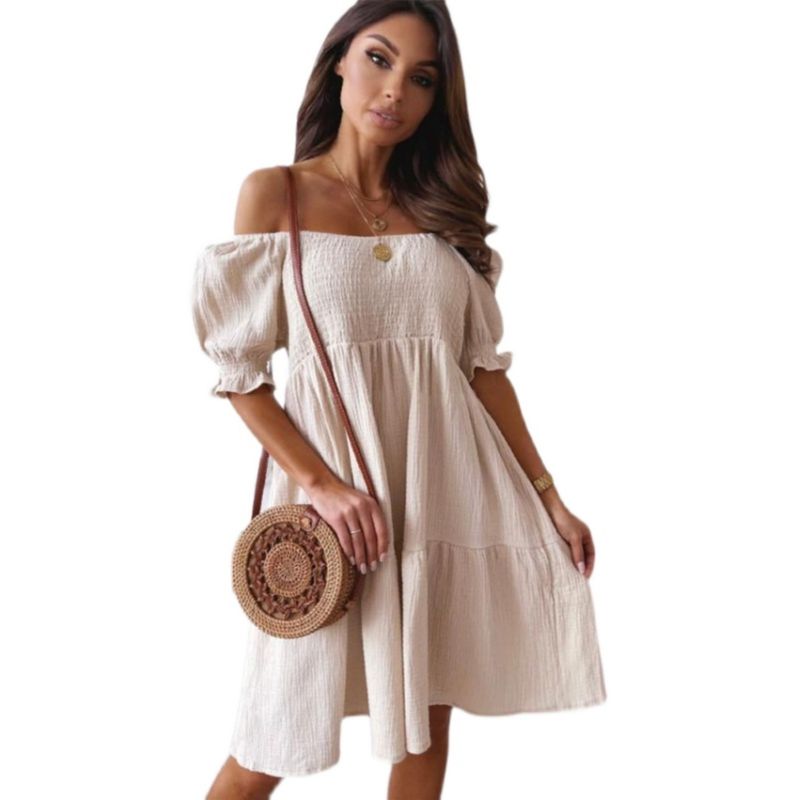 Short White Sweet off-Shoulder Collar Elastic and Waisted Ruched A- line Short Sleeve Dress Girl's Dress Dress