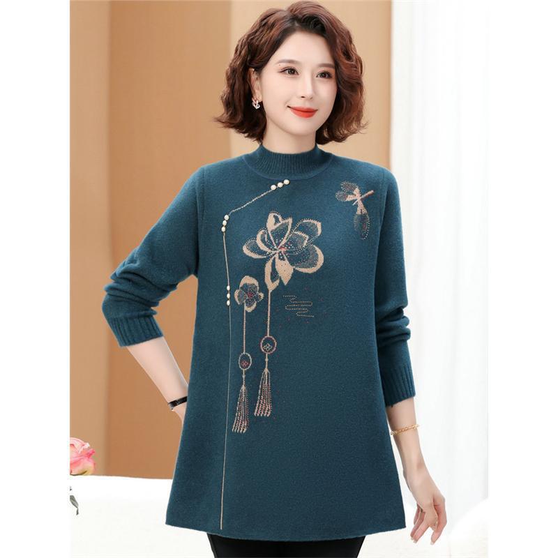 220 Jin Plus Size Middle-Aged & Elderly Women's Round Neck Pullover Sweater, Autumn/Winter, Loose Fit, Base Layer.