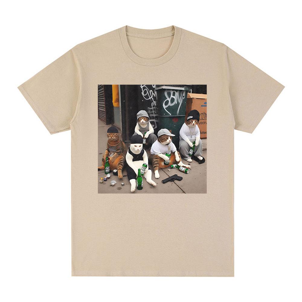 Funny Cat Gang Meme Graphic Print T Shirts Men Women Fashion Vintage Short Sleeve T-shirt High Quality Cotton Summer T-shirts