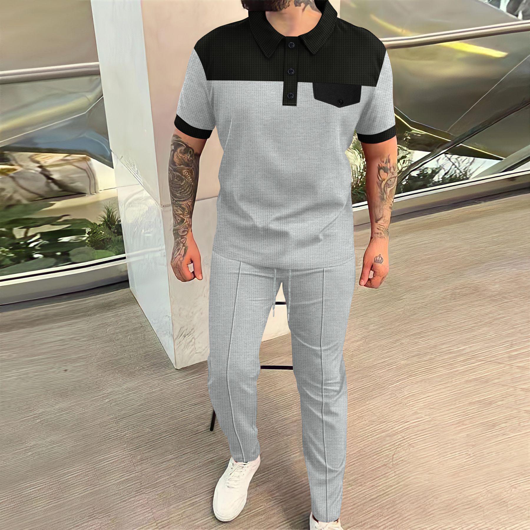 

2025 Men s Waffle Colorblock Patchwork Turn-Down Collar Button Shirt & Long Pants Set S сірий колір