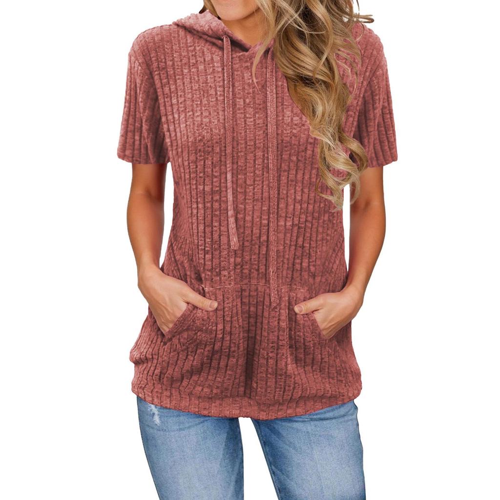 2025 European Women's Ribbed Pocket Hooded Vacation Short-Sleeve T-Shirt