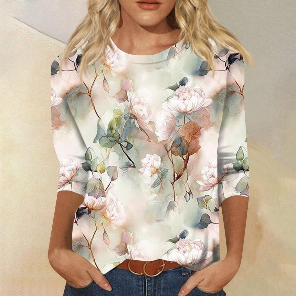 Women's Fashion Casual Round Neck Three Quarter Sleeve Printed T-Shirt Top