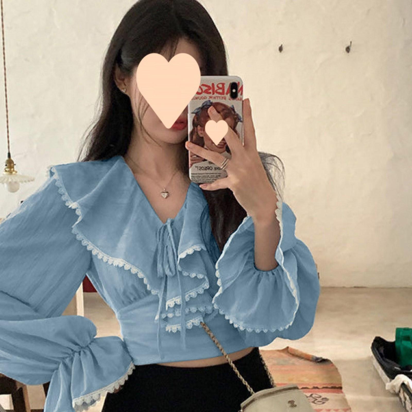 

Женская рубашка с французским воланом и бантом, ранневесенние дизайны с коротким и длинным рукавом, базовая рубашка L синий