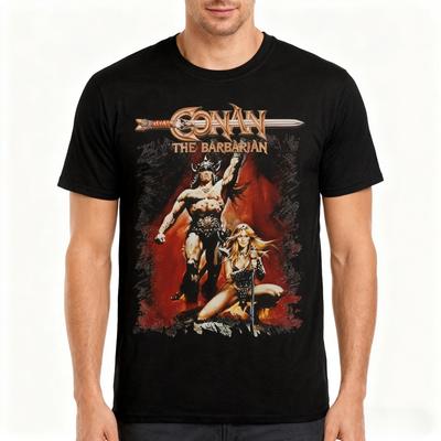 Klassisches Conan der Barbar Herren Grafik-T-Shirt Schwarz Weich Rundhalsausschnitt Kurzarmhemd Mit Auffälligem Roten Krieger-Artwork